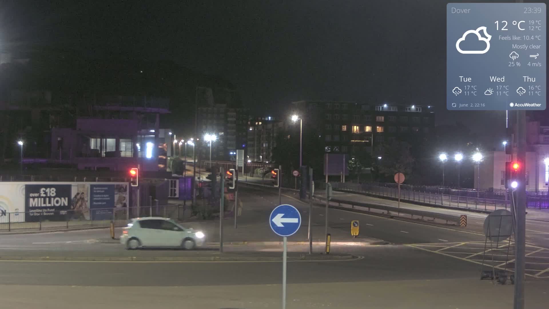 A mostly clear night scene shows a white car driving through a mostly empty intersection with streetlights illuminating buildings and a construction site in the background.