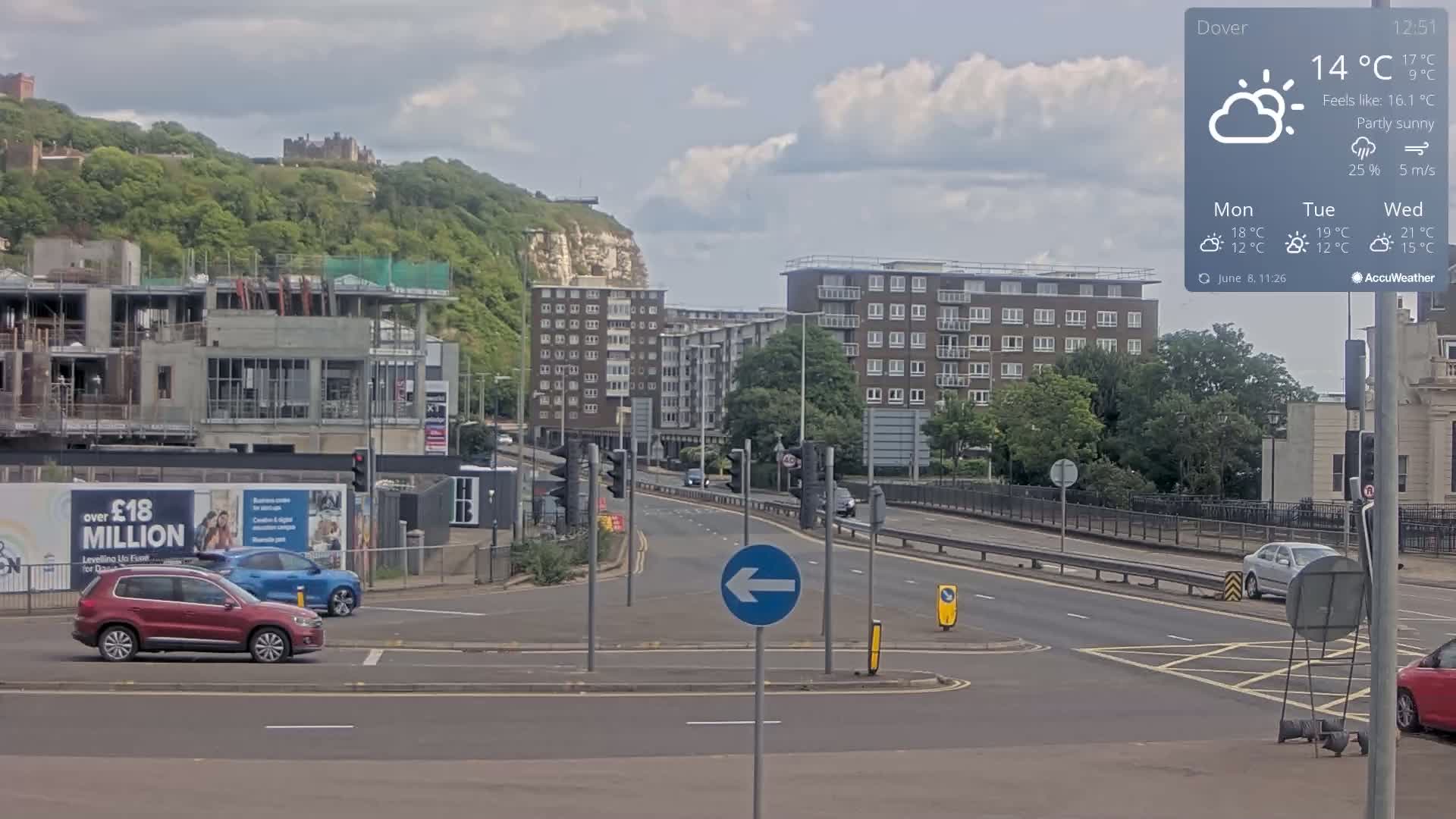 A partly sunny day shows a view of a road intersection with several cars, buildings under construction, apartment buildings, and a hill with a castle in the background.