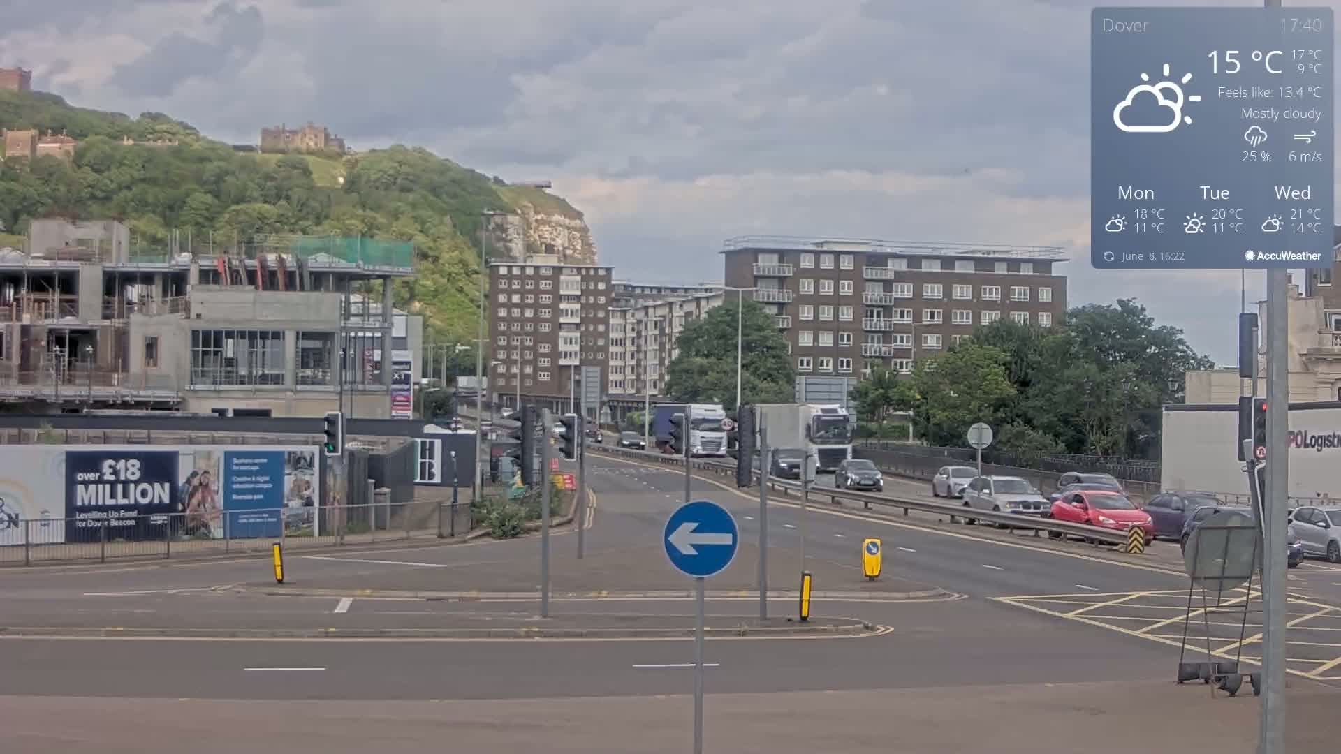 A mostly cloudy day shows a multi-lane road with moderate traffic near a construction site, with hills and buildings in the background.