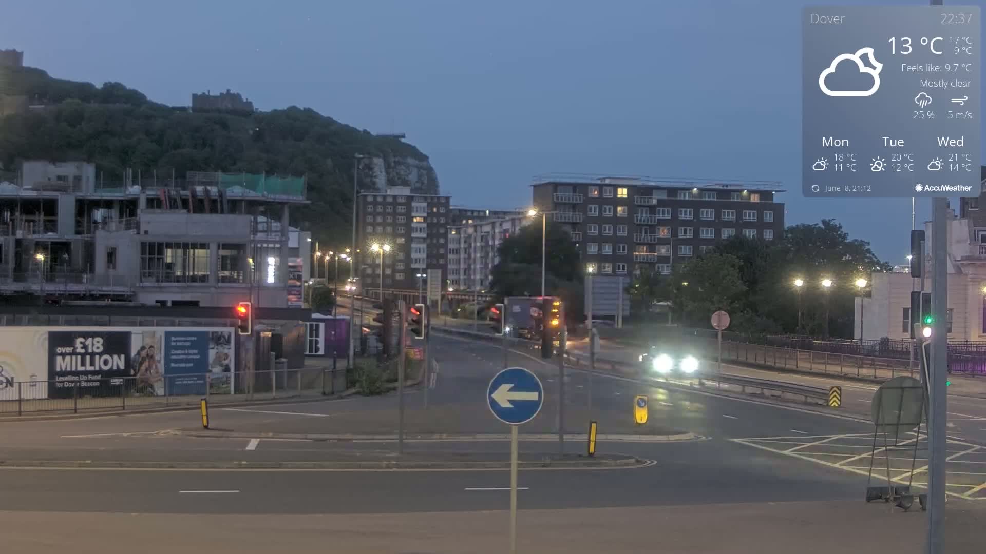 Dover Castle & A256 & A20 Junction Live Cam - Dover, Kent, South East, England, United Kingdom