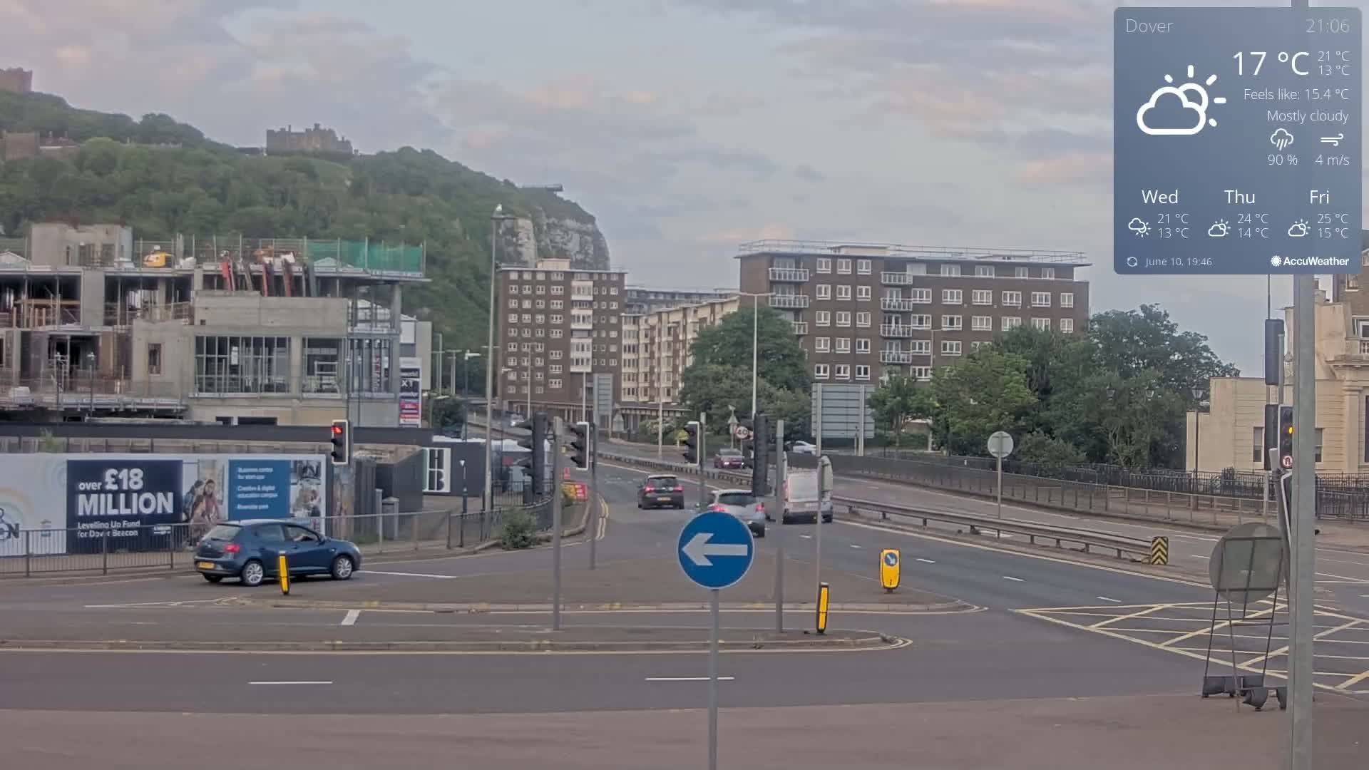 Dover Castle & A256 & A20 Junction Live Cam - Dover, Kent, South East, England, United Kingdom