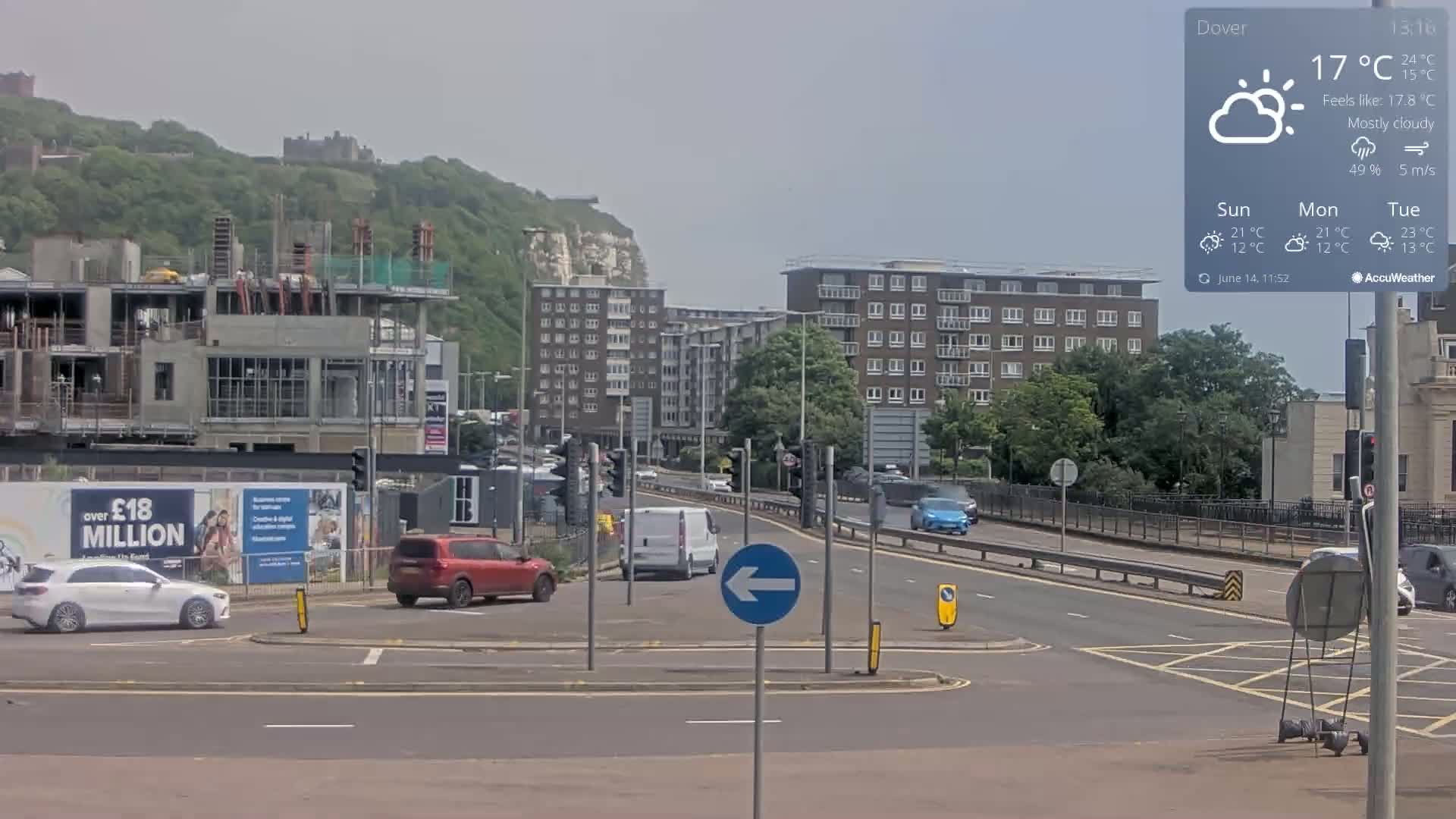 A mostly cloudy, sunny day shows a city street scene with several cars, a construction site, and apartment buildings, backed by a green hill and white cliffs.