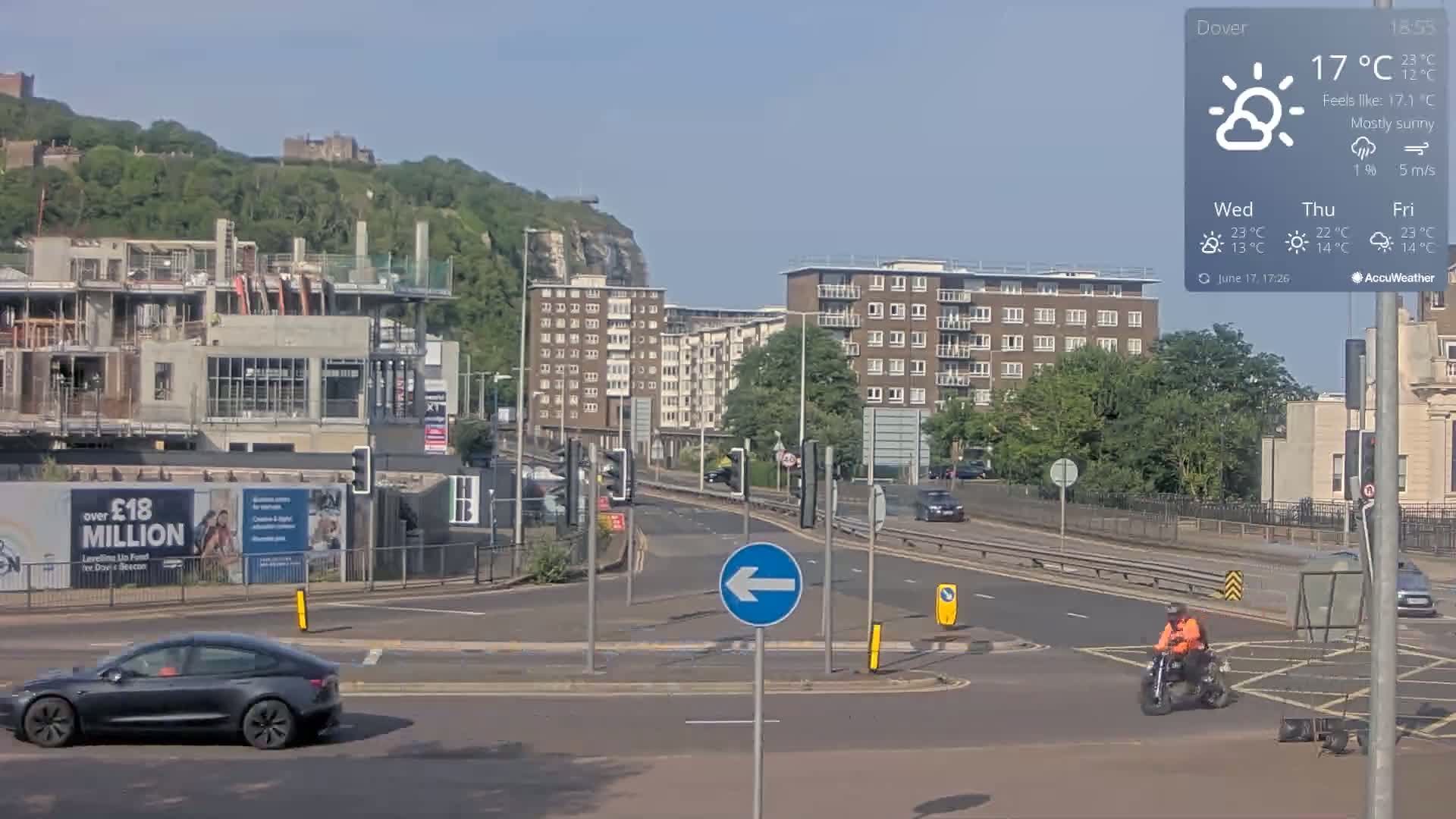 A mostly sunny street scene shows a roundabout with a dark-grey Tesla and a motorcyclist, near a construction site and apartment buildings, with a hill and castle visible in the distance.