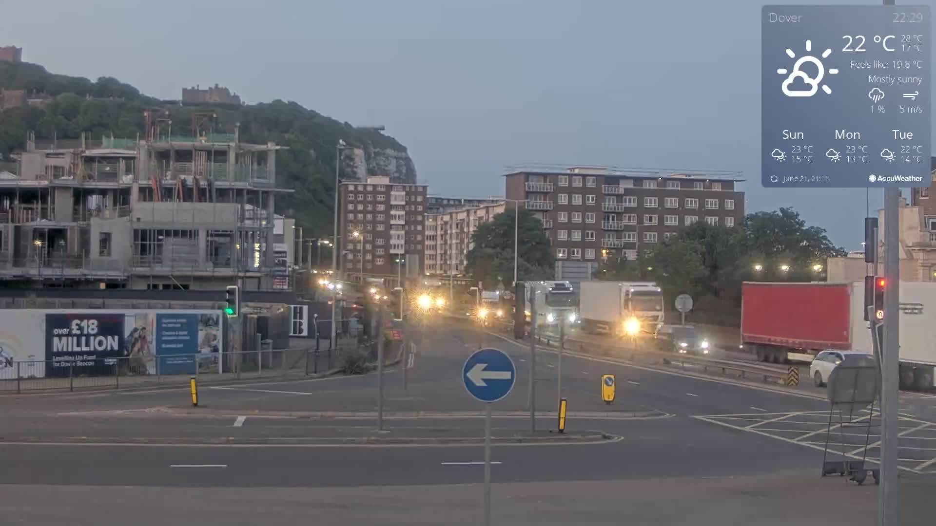 Dover Castle & A256 & A20 Junction Live Cam - Dover, Kent, South East, England, United Kingdom