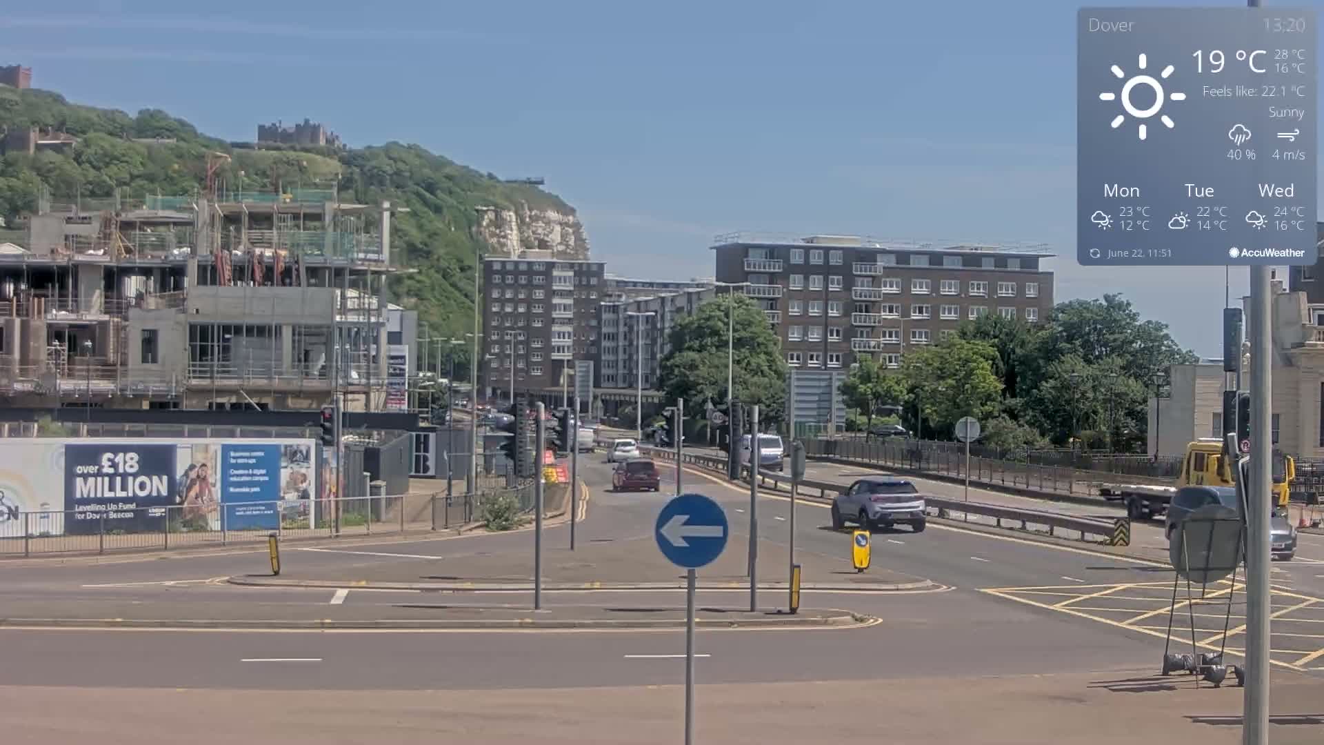 A sunny, partly cloudy day overlooking a road with several cars, a construction site, and buildings, with a hill and castle in the background.