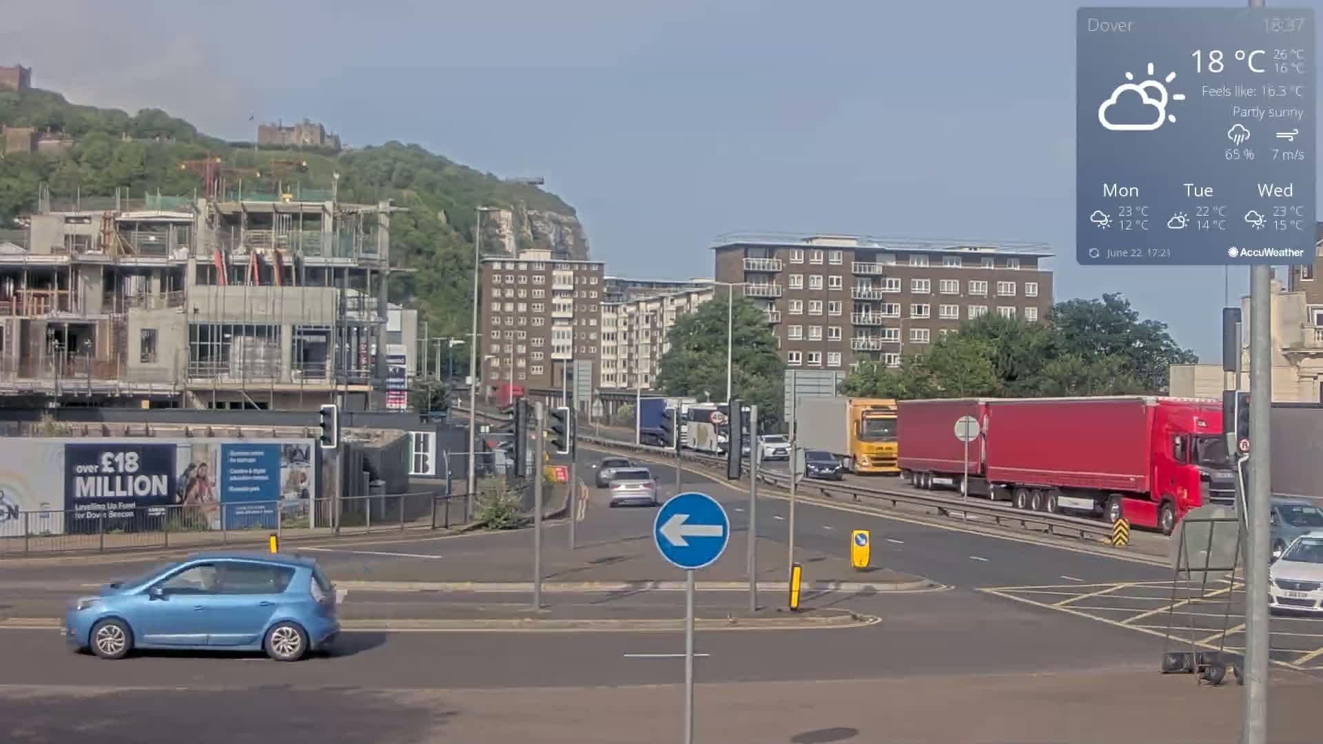 A partly sunny scene shows a road intersection with several cars and trucks, a building under construction, apartment buildings, and a hill with a castle in the distance.