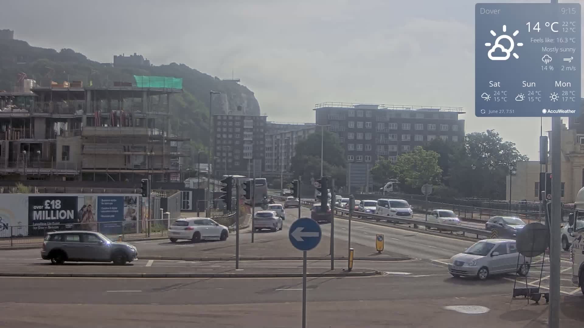 A mostly sunny street scene shows a busy intersection with several cars, a partially constructed building, and a hill with a castle in the background.