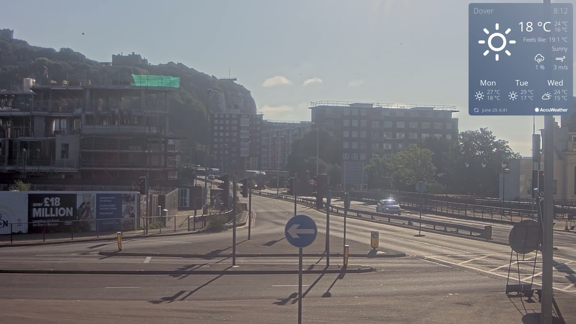 Dover Castle & A256 & A20 Junction Live Cam - Dover, Kent, South East, England, United Kingdom