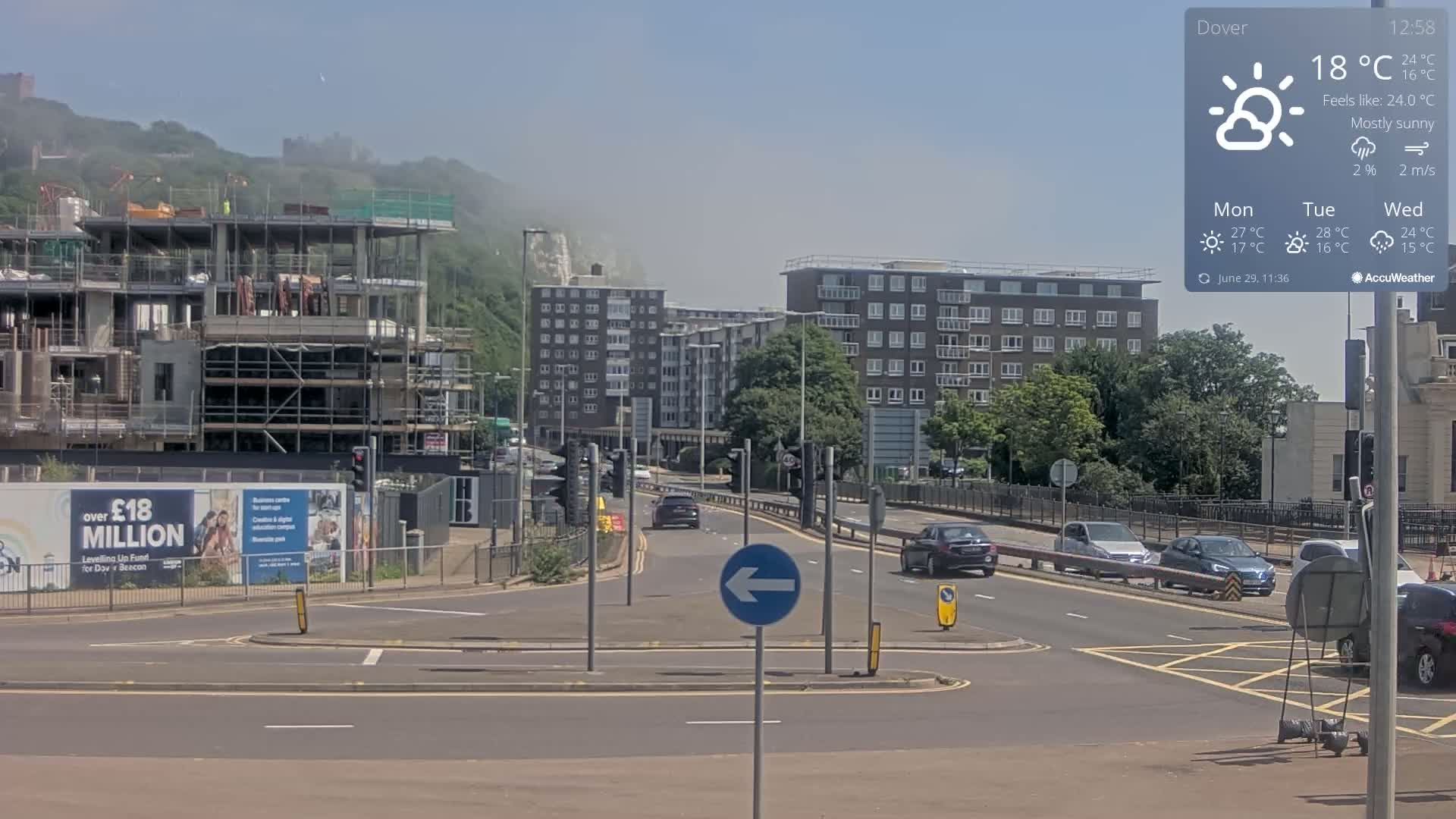 Dover Castle & A256 & A20 Junction Live Cam - Dover, Kent, South East, England, United Kingdom