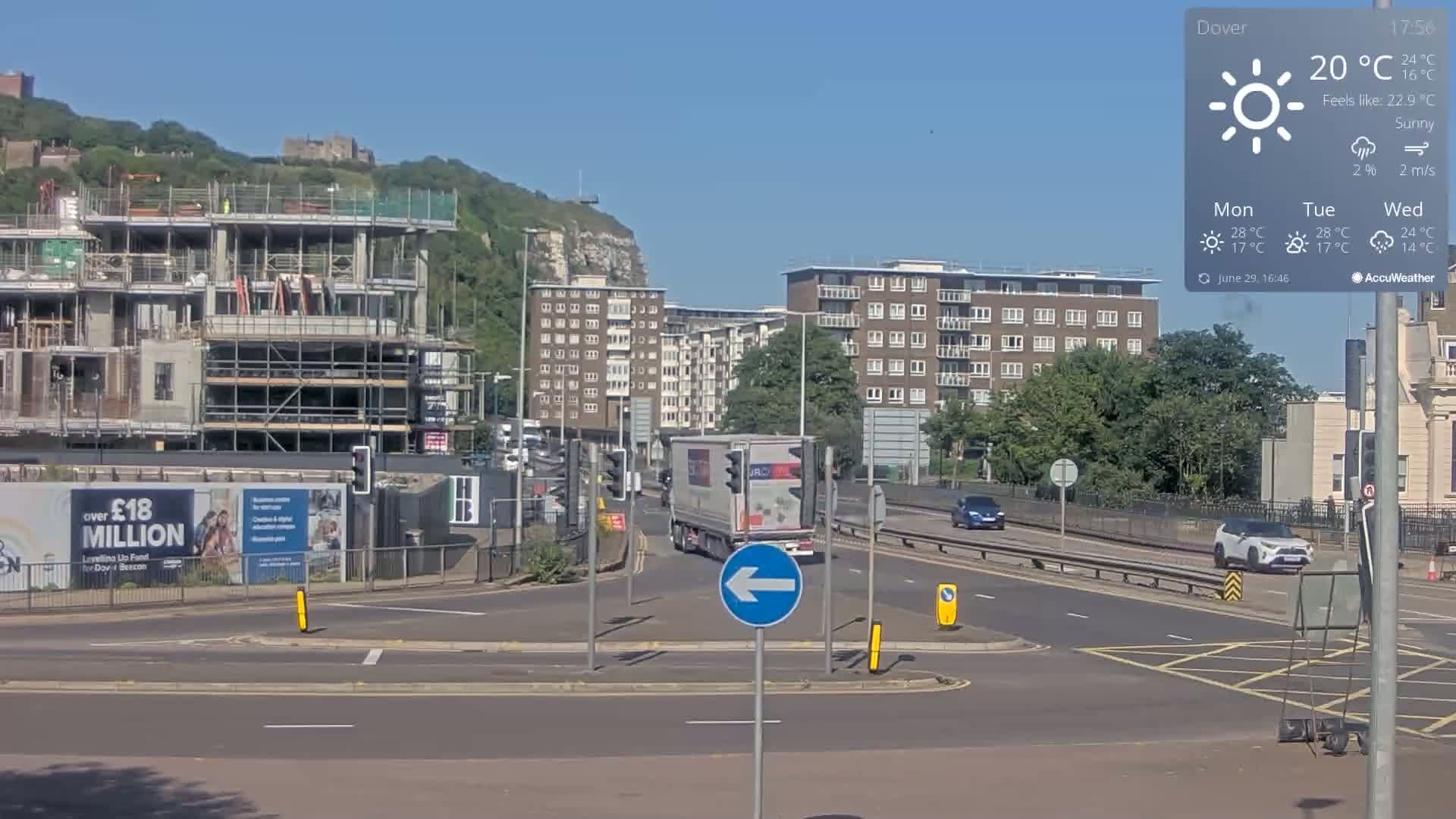 Dover Castle & A256 & A20 Junction Live Cam - Dover, Kent, South East, England, United Kingdom