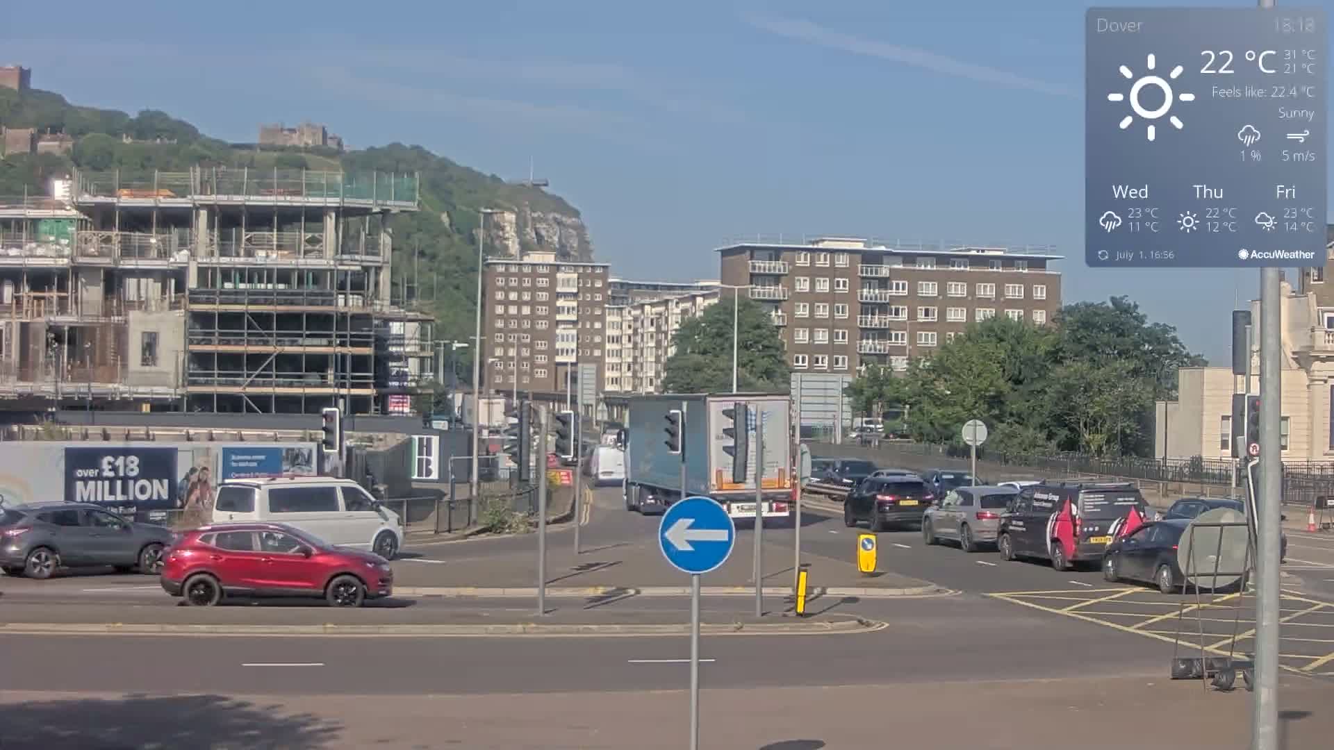 Dover Castle & A256 & A20 Junction Live Cam - Dover, Kent, South East, England, United Kingdom