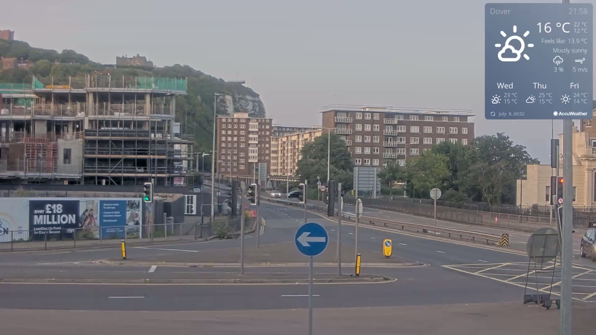Dover Castle & A256 & A20 Junction Live Cam - Dover, Kent, South East, England, United Kingdom