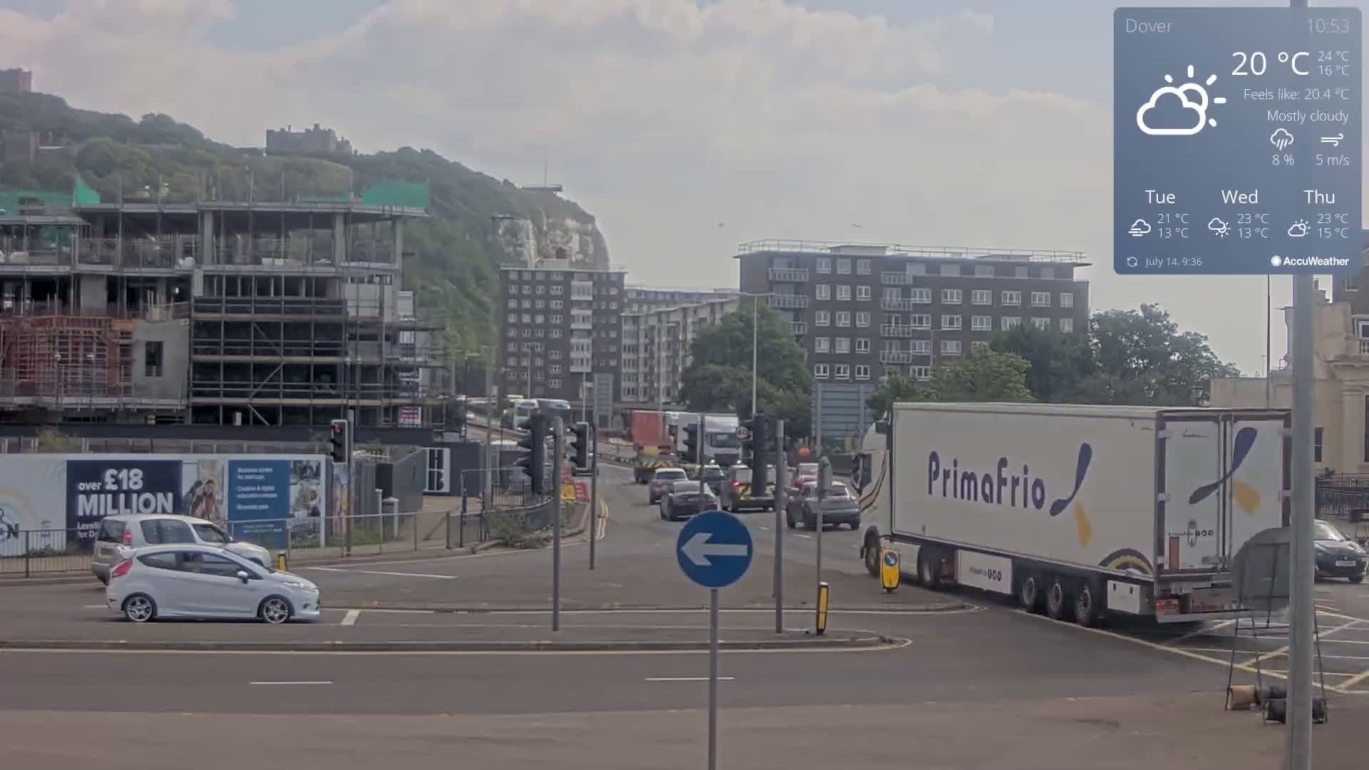 Dover Castle & A256 & A20 Junction Live Cam - Dover, Kent, South East, England, United Kingdom