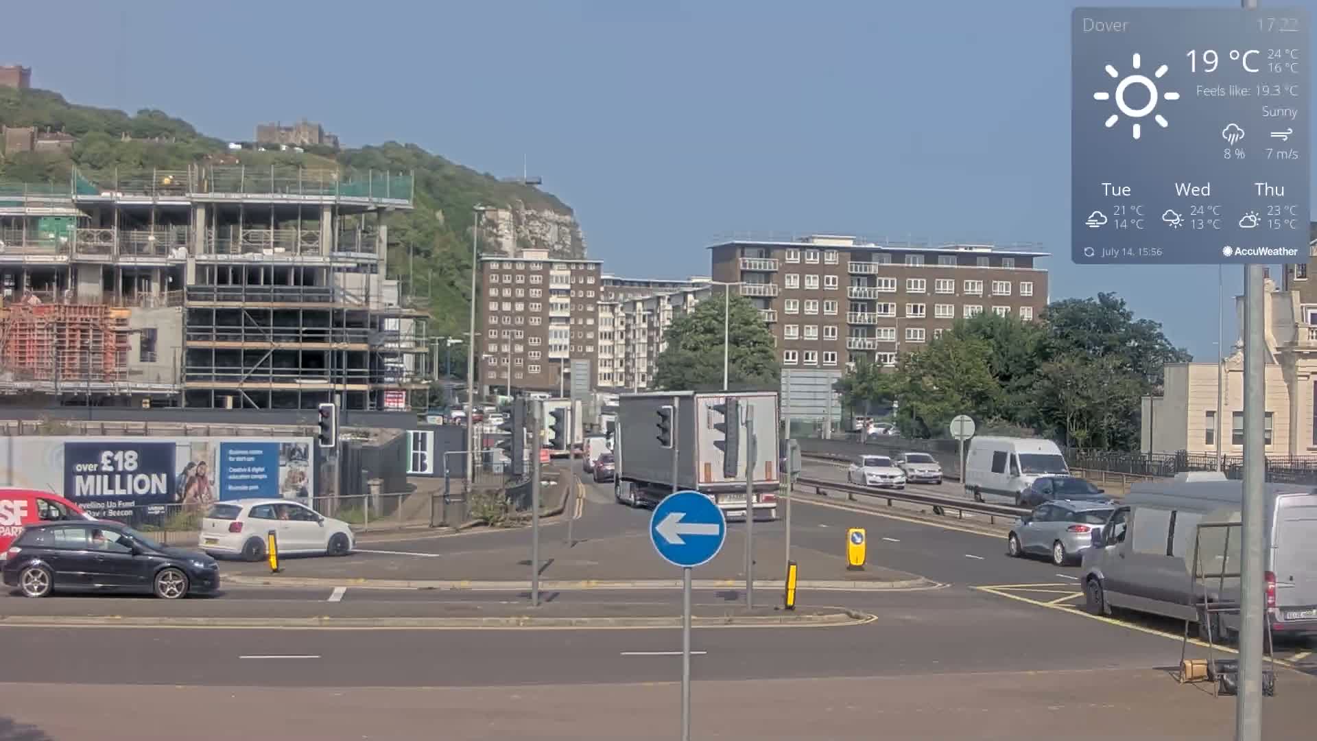 Dover Castle & A256 & A20 Junction Live Cam - Dover, Kent, South East, England, United Kingdom