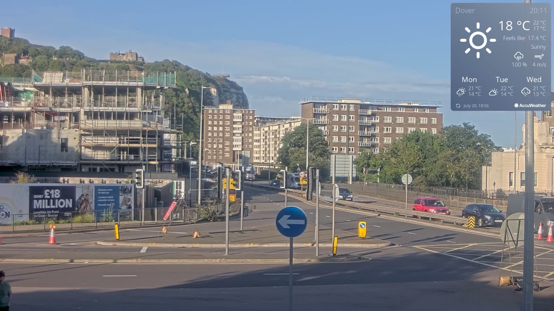Dover Castle & A256 & A20 Junction Live Cam - Dover, Kent, South East, England, United Kingdom