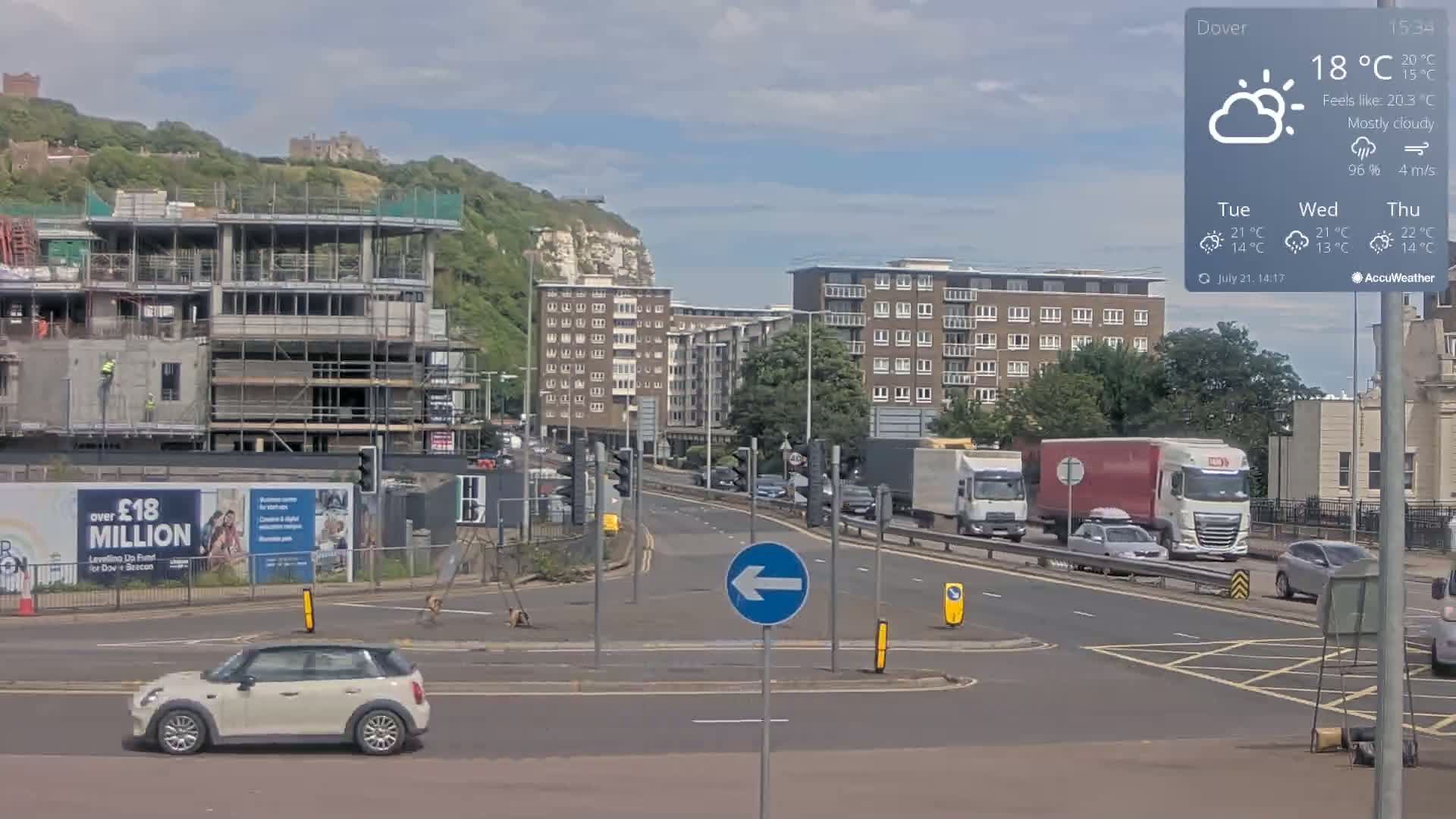 Dover Castle & A256 & A20 Junction Live Cam - Dover, Kent, South East, England, United Kingdom