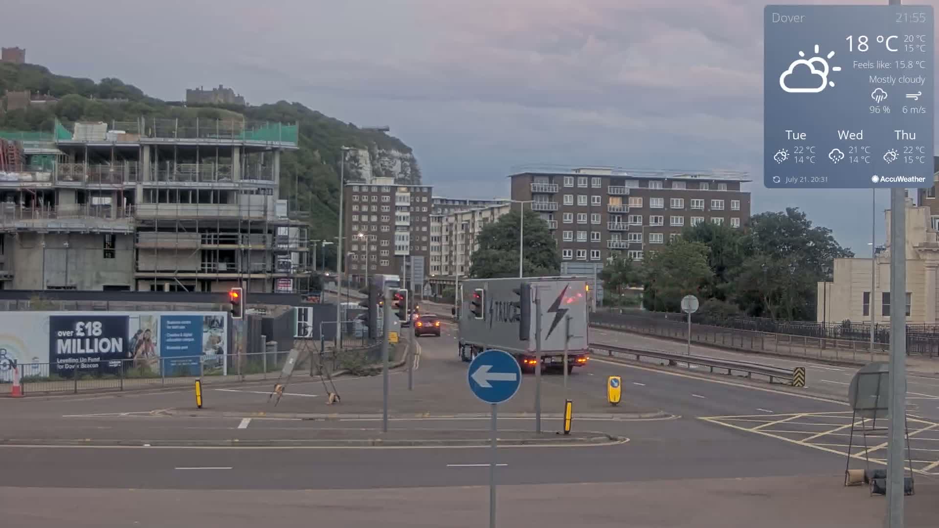 Dover Castle & A256 & A20 Junction Live Cam - Dover, Kent, South East, England, United Kingdom