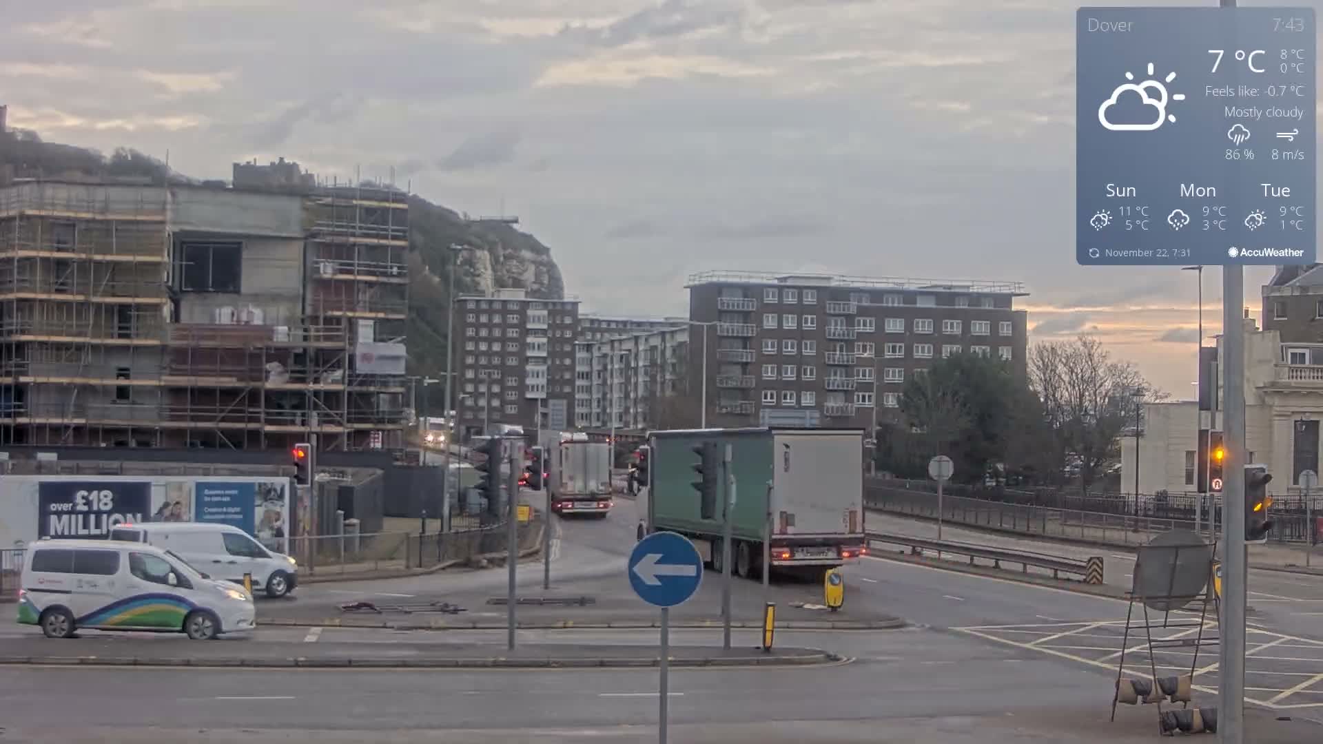 Dover Castle & A256 & A20 Junction Live Cam - Dover, Kent, South East, England, United Kingdom