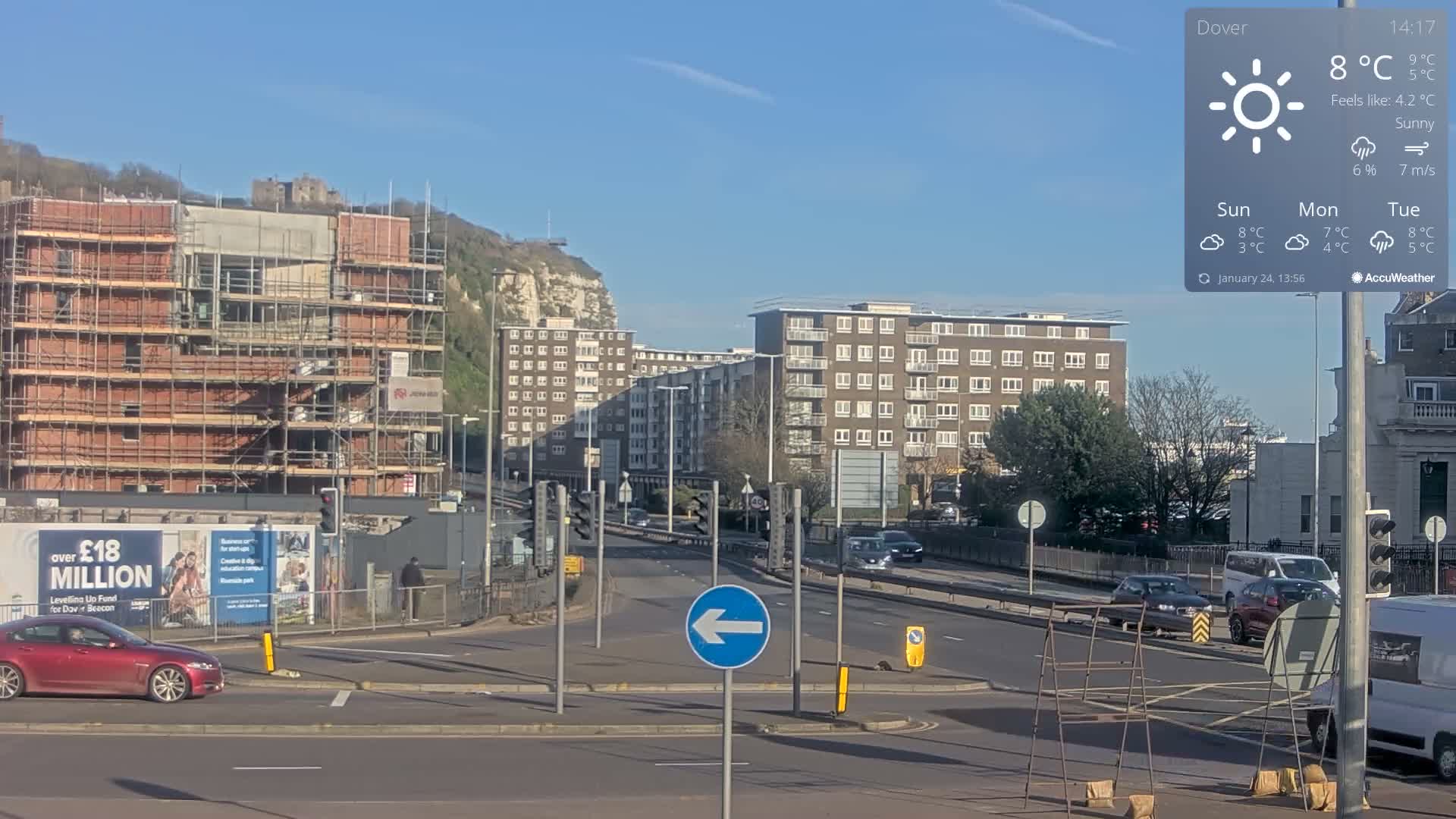 Dover Castle & A256 & A20 Junction Live Cam - Dover, Kent, South East, England, United Kingdom