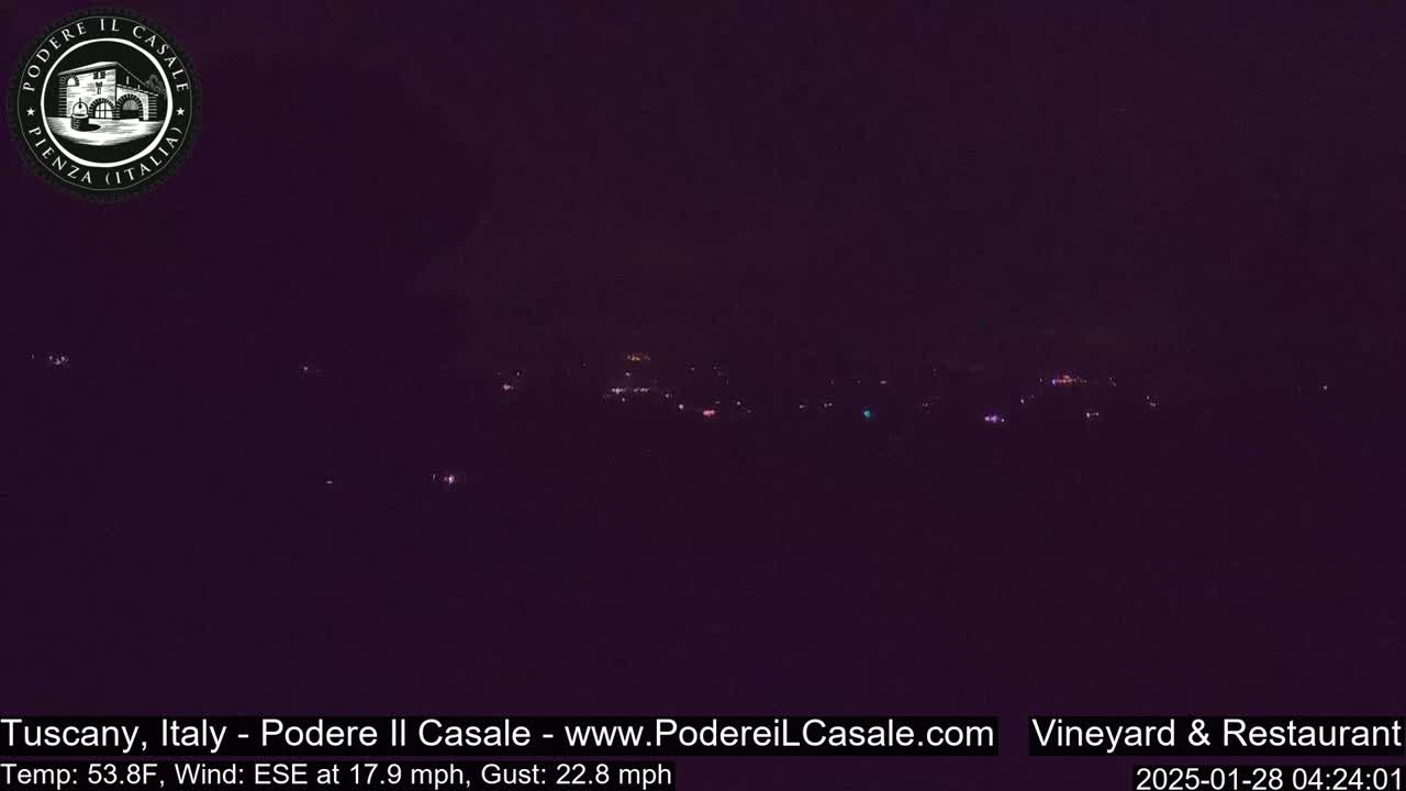 A nighttime, long-range view of dimly lit buildings and scattered lights in the distance under a dark sky with a wind blowing from the east-southeast at 17.9 mph, gusting to 22.8 mph.