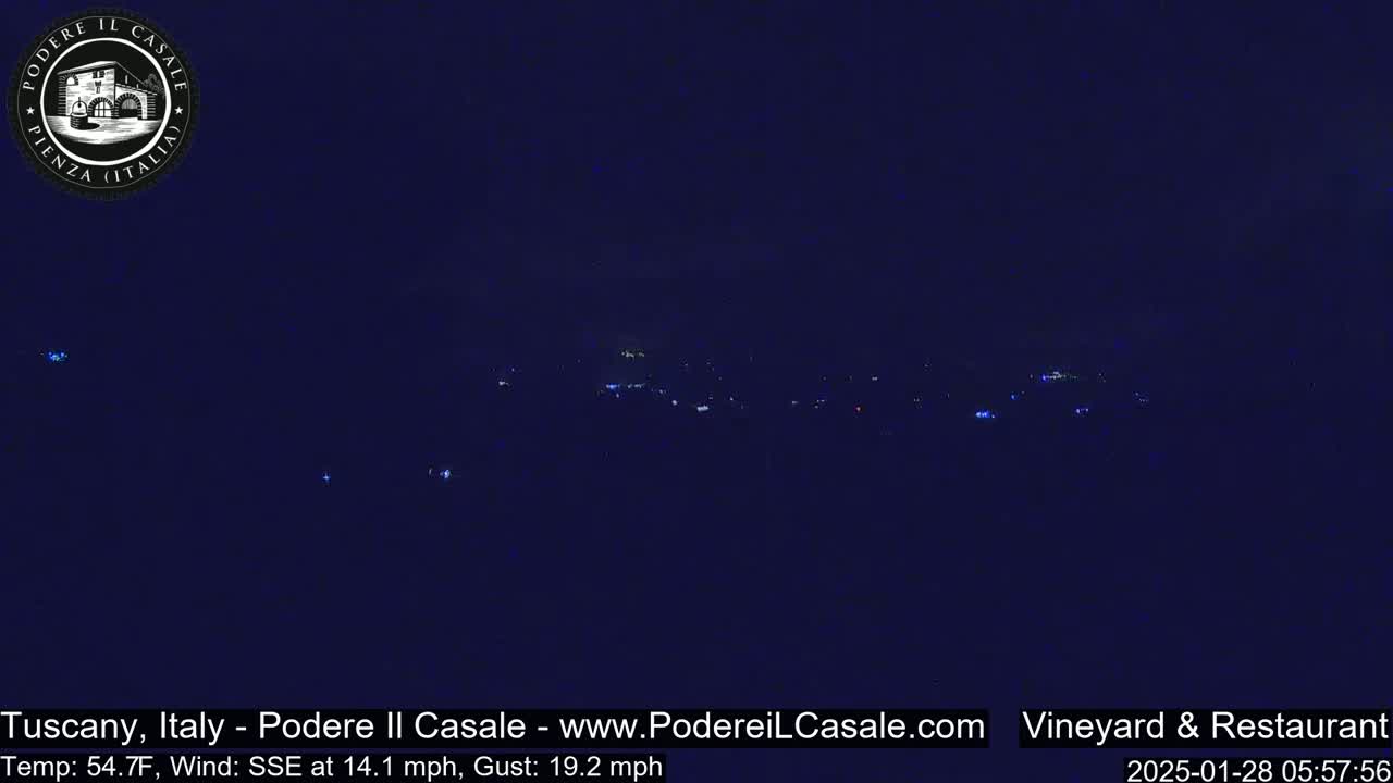 A nighttime long shot of a distant town with scattered lights, under a dark sky with a wind blowing from the SSE at 14.1 mph, gusting to 19.2 mph.