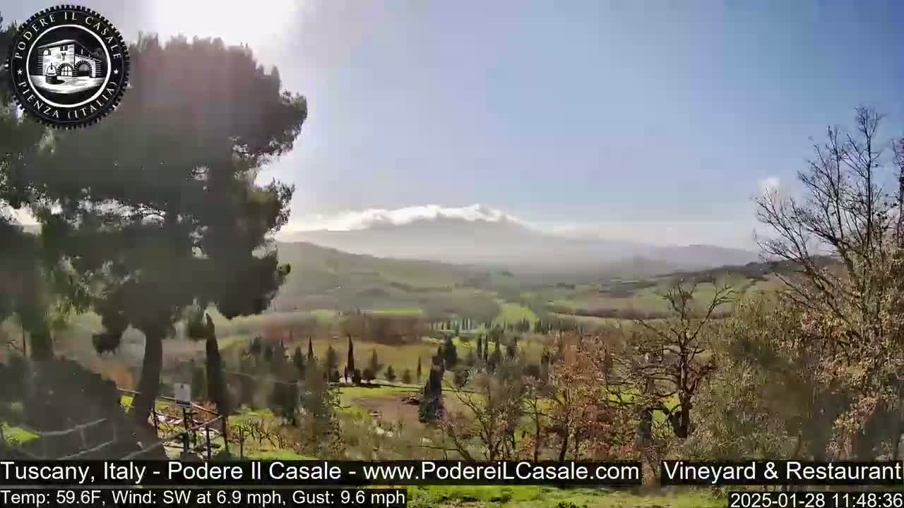 A partly cloudy, breezy day overlooks a Tuscan landscape of rolling hills, vineyards, and cypress trees.
