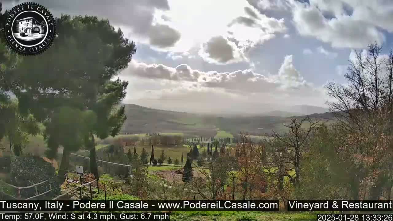 A partly cloudy, breezy day reveals a picturesque Tuscan landscape of rolling hills, vineyards, and cypress trees.