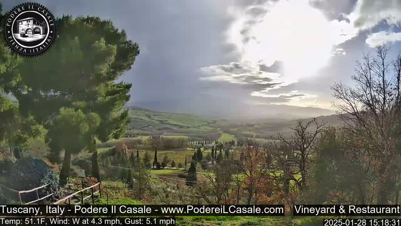 A partly cloudy, breezy day reveals a sprawling Tuscan landscape of rolling hills, vineyards, and cypress trees.