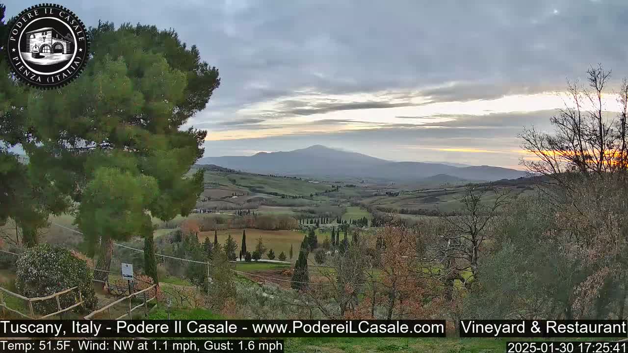 A sunlit, rolling Tuscan landscape with a distant mountain range under a partly cloudy sky.