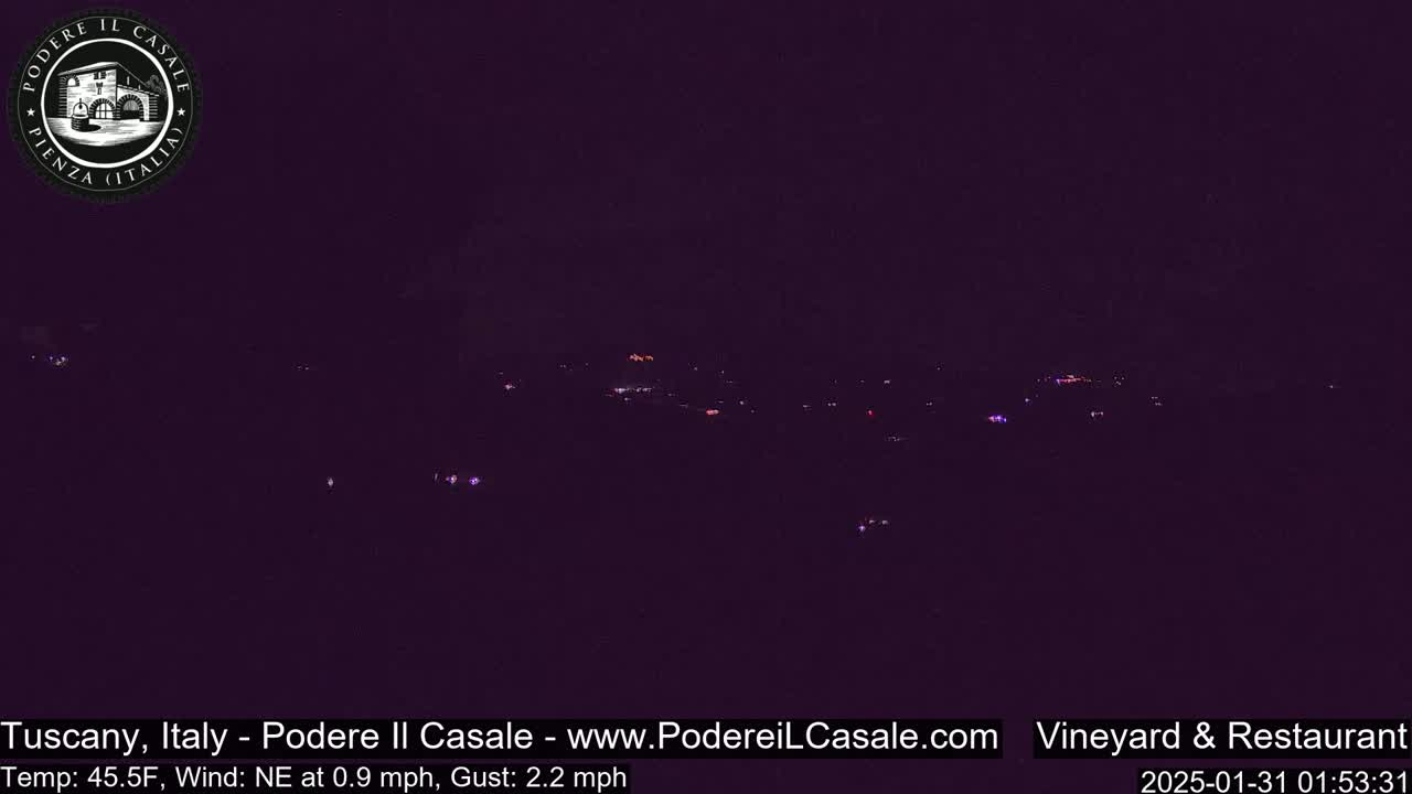 A nighttime, long shot of a dark landscape with scattered, faint lights in the distance, under a clear sky with a northeasterly wind.