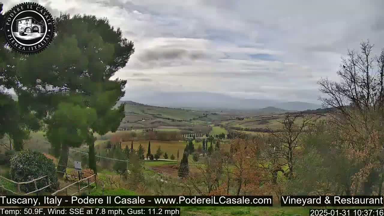A partly cloudy, breezy day reveals a sprawling Tuscan landscape of rolling hills, vineyards, and cypress trees.