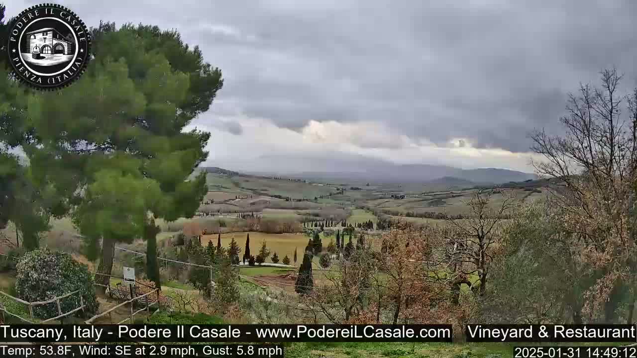 A partly cloudy, breezy day reveals a picturesque Tuscan landscape of rolling hills, vineyards, and cypress trees.