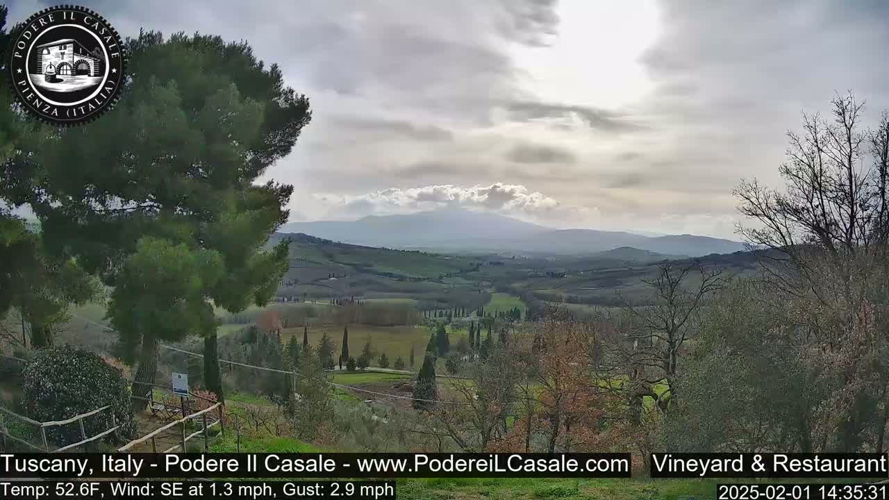 A partly cloudy day reveals a picturesque Tuscan landscape of rolling hills, vineyards, and cypress trees, with mountains visible in the distance.