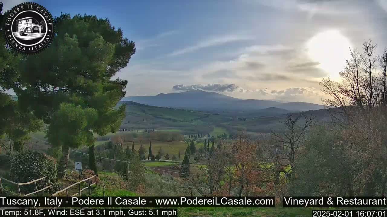 A partly cloudy Tuscan landscape with rolling hills, vineyards, and a mountain range in the distance.