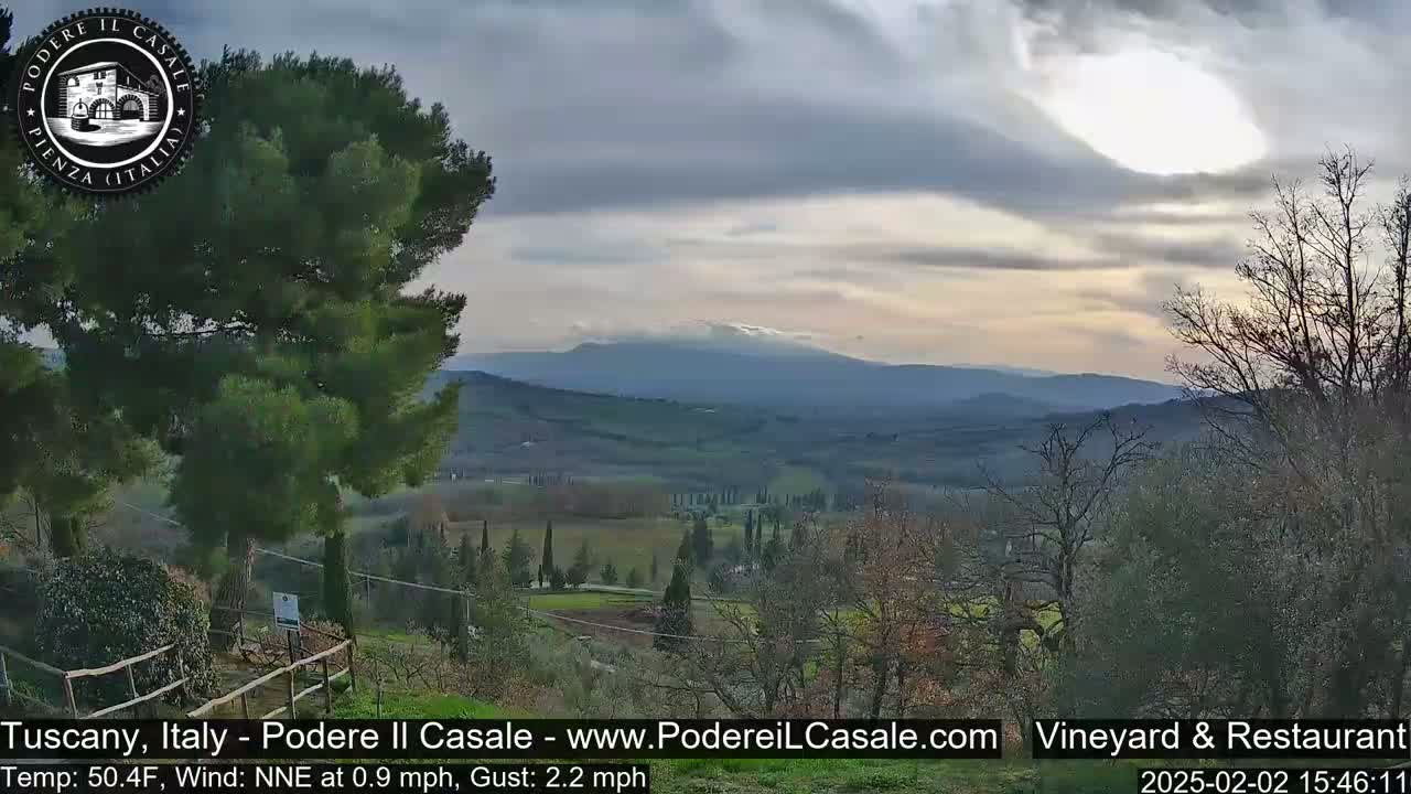A partly cloudy sky overlooks a mountainous Tuscan landscape of rolling hills, trees, and farmlands.