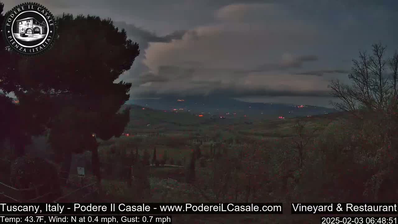 A dark, overcast evening scene shows a hilly landscape with distant lights, viewed from behind a silhouetted tree.