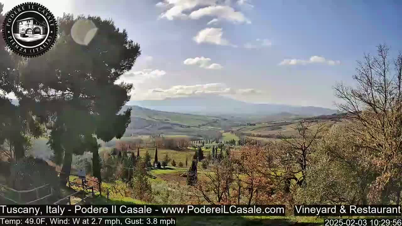 A sunny, partly cloudy day reveals a picturesque Tuscan landscape, featuring rolling hills, vineyards, and cypress trees.