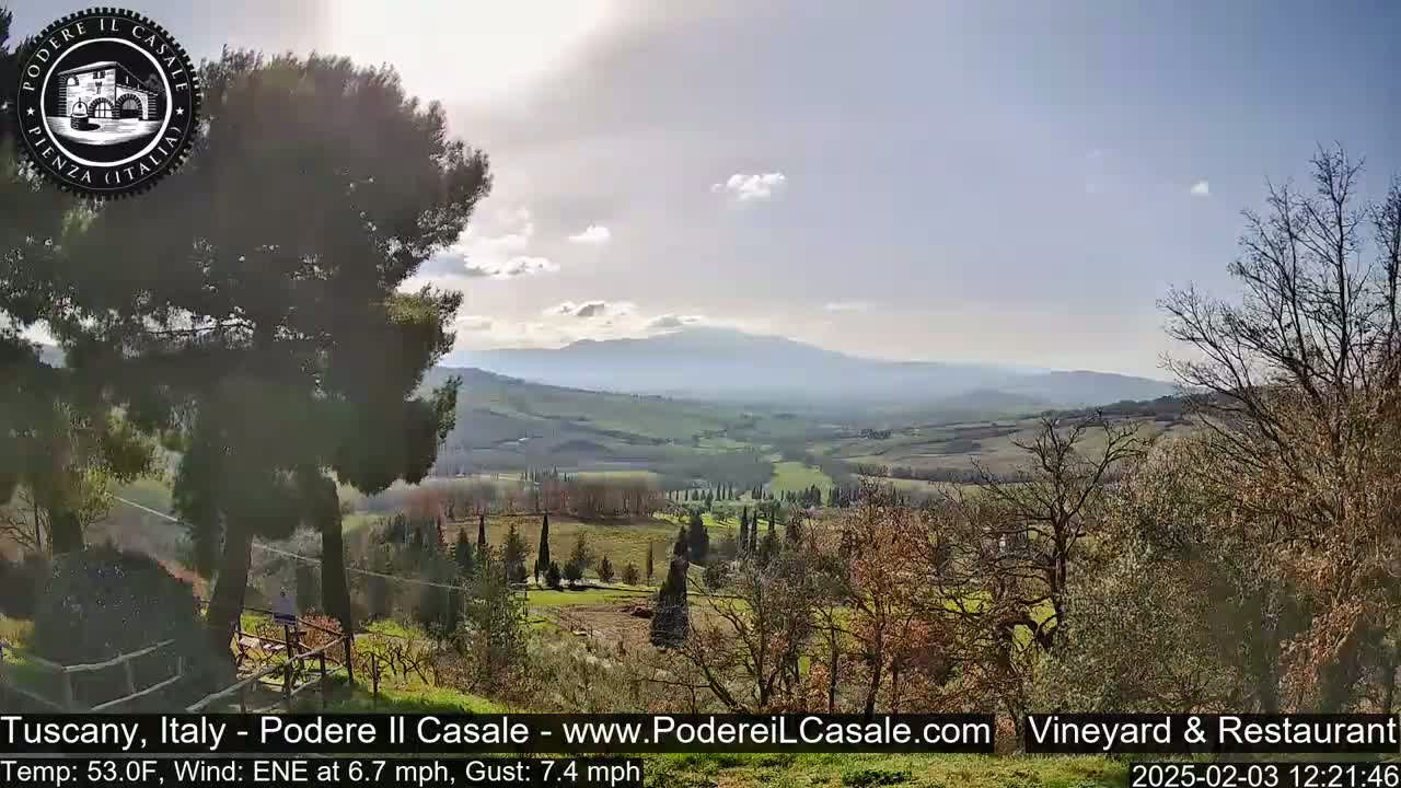 A sunny, slightly breezy day reveals a panoramic view of rolling hills and vineyards, with a distant mountain range under a pale blue sky.