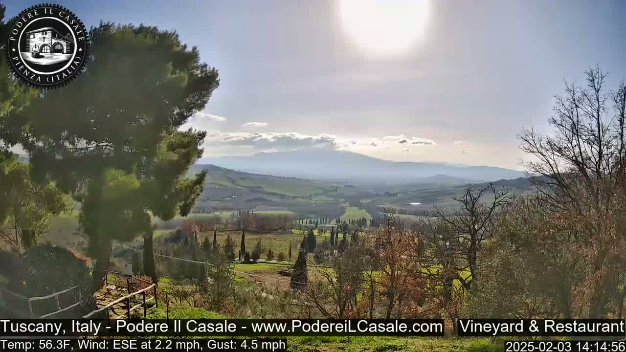 A sunny, partly cloudy day reveals a Tuscan hillside vineyard and rolling hills extending to distant mountains.