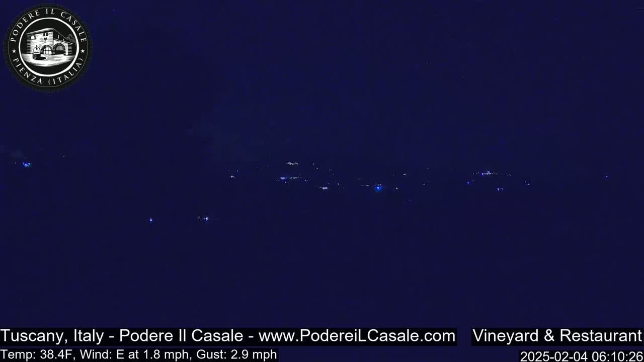 A nighttime long shot shows a dark landscape with a few scattered lights in the distance under a clear, dark blue sky.