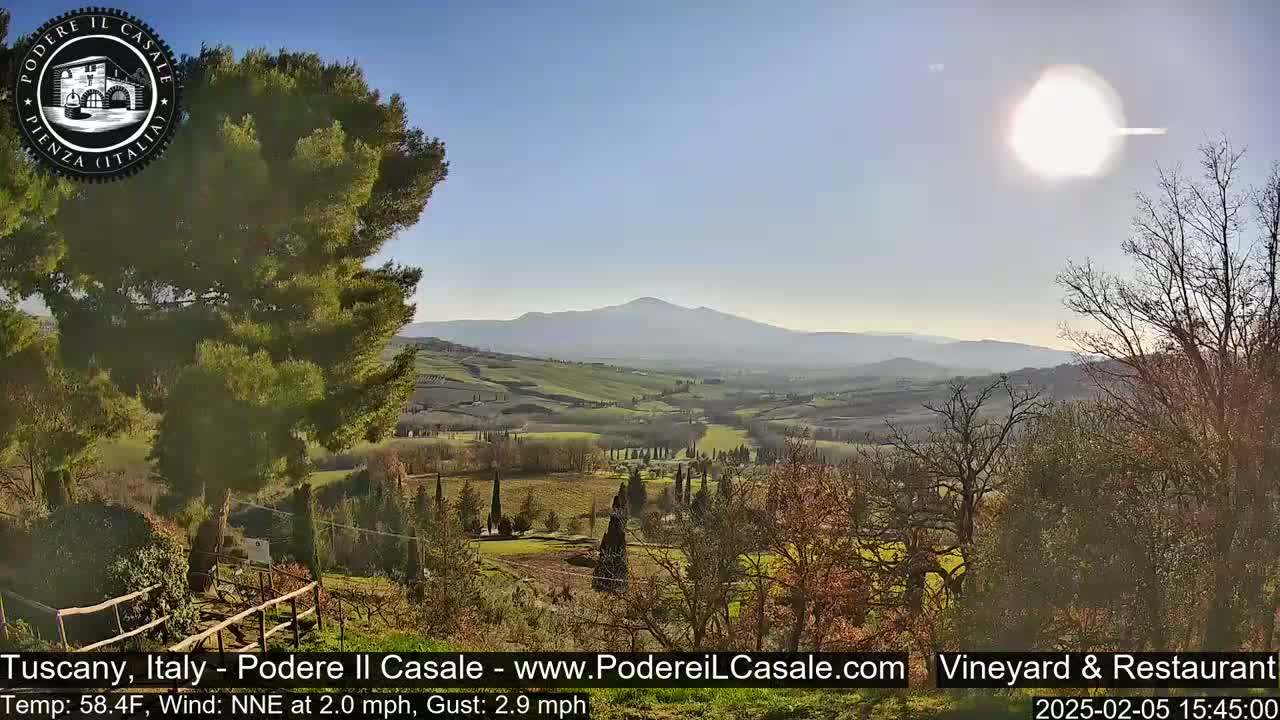 A sunny, breezy Tuscan landscape shows rolling hills, vineyards, and a distant mountain range under a bright sun.