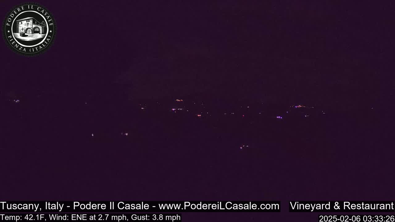A dark nighttime view of a dimly lit landscape with scattered lights in the distance, under a clear sky.