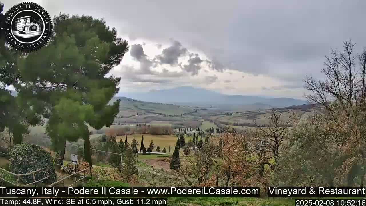 A panoramic view of a hilly, cultivated landscape under a cloudy sky shows a distant mountain range.