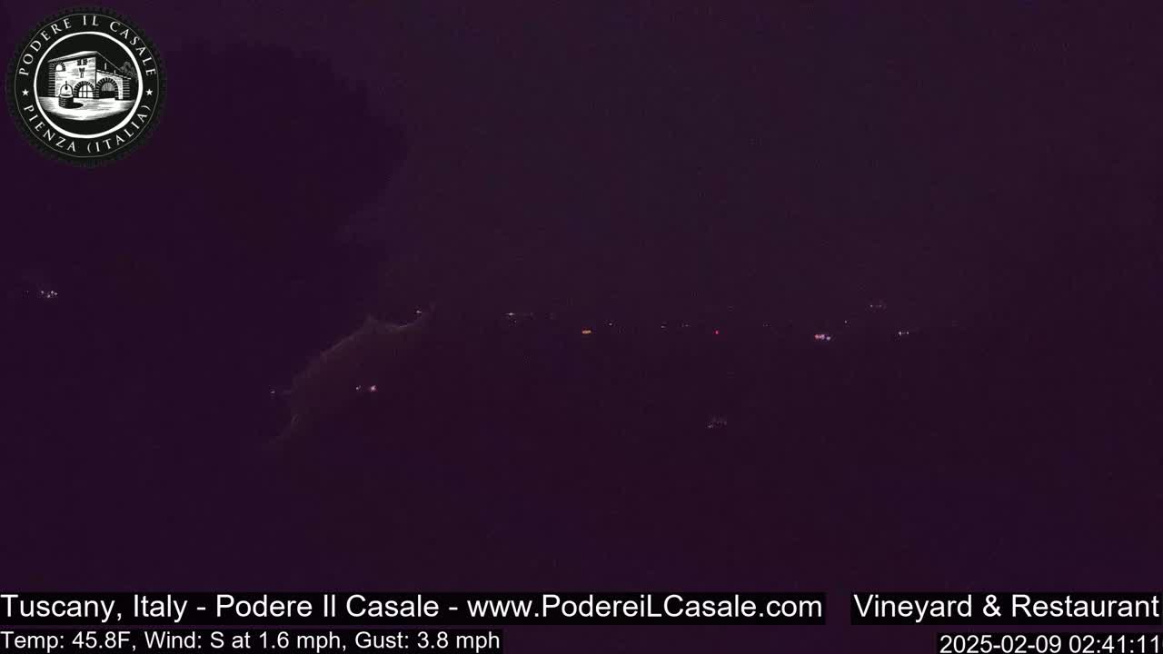 A dark, nighttime scene shows a dimly lit landscape with a few faint lights in the distance under a cloudy sky.