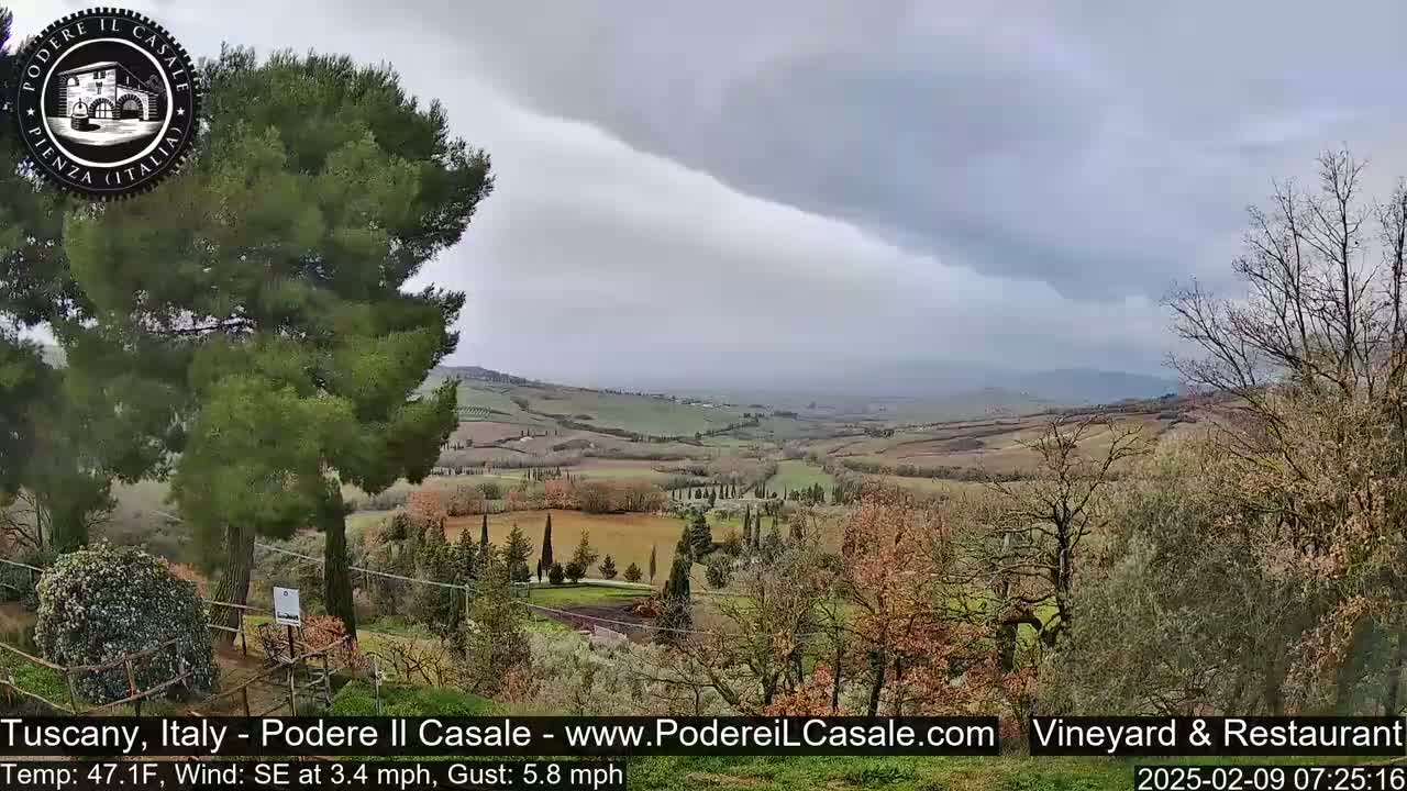 A sprawling Tuscan landscape under a cloudy sky, showing rolling hills, vineyards, and trees.