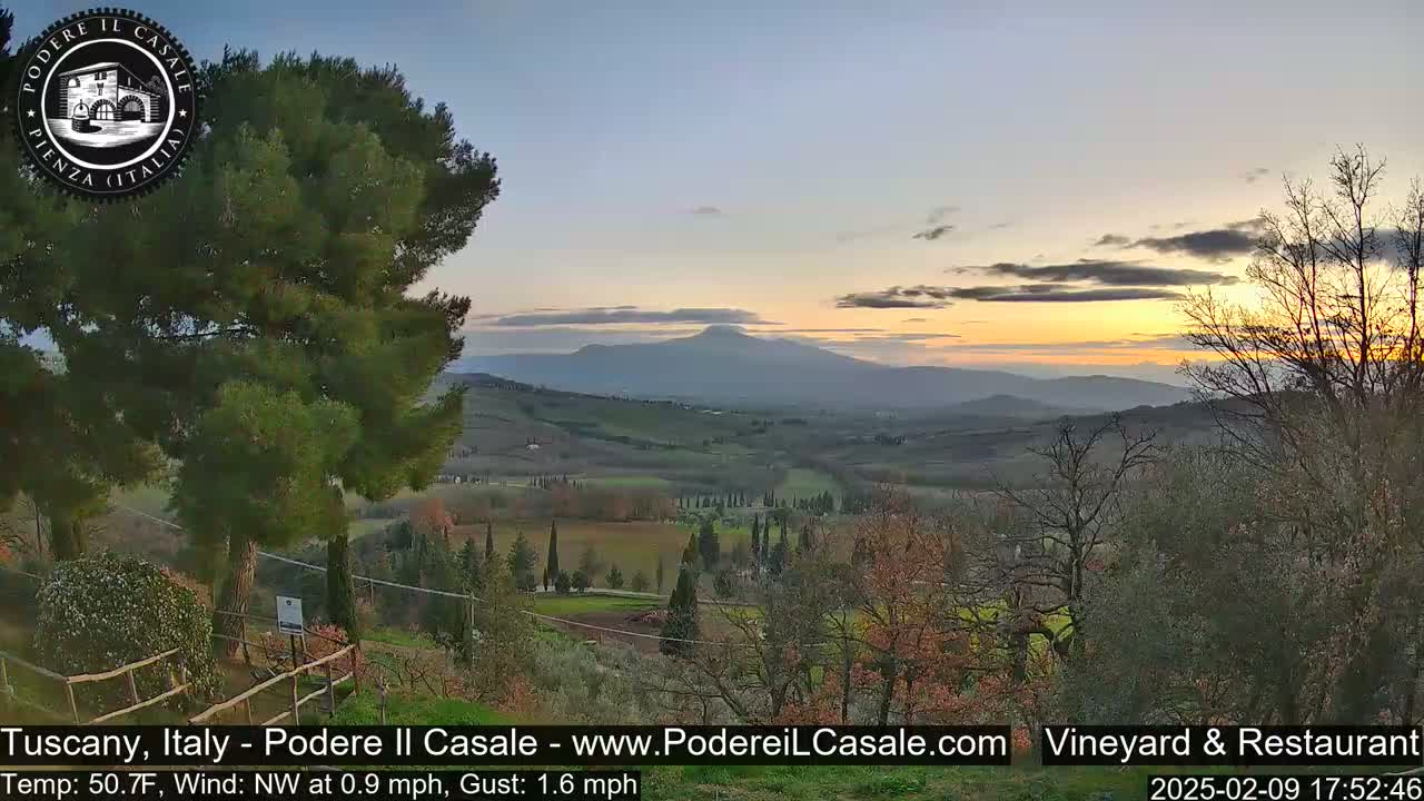 A sunset over a Tuscan landscape, with a mountain range in the distance, under partly cloudy skies and a light northwest wind.