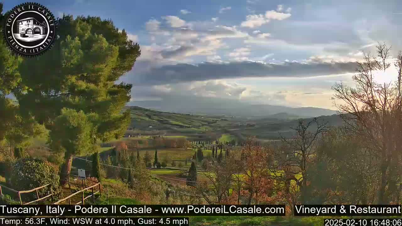 A partly cloudy Tuscan landscape, featuring rolling hills, vineyards, and cypress trees, is viewed from a vantage point on a slightly breezy day.