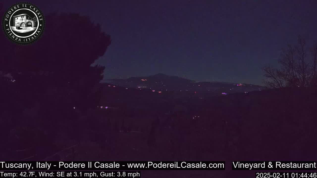 A nighttime view of a dark, hilly landscape with scattered lights in the distance, under a clear, dark sky, and a slight southeast wind.