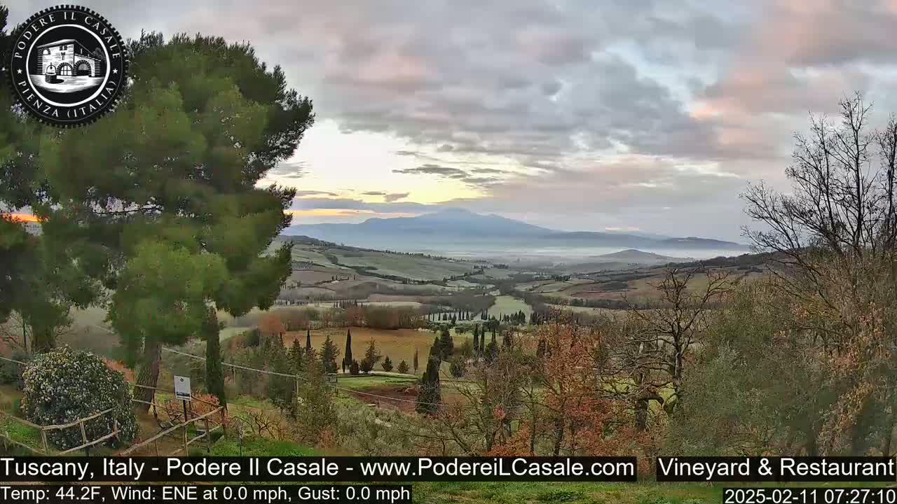 A misty sunrise illuminates a rolling Tuscan landscape dotted with cypress trees and vineyards under a mostly cloudy sky.