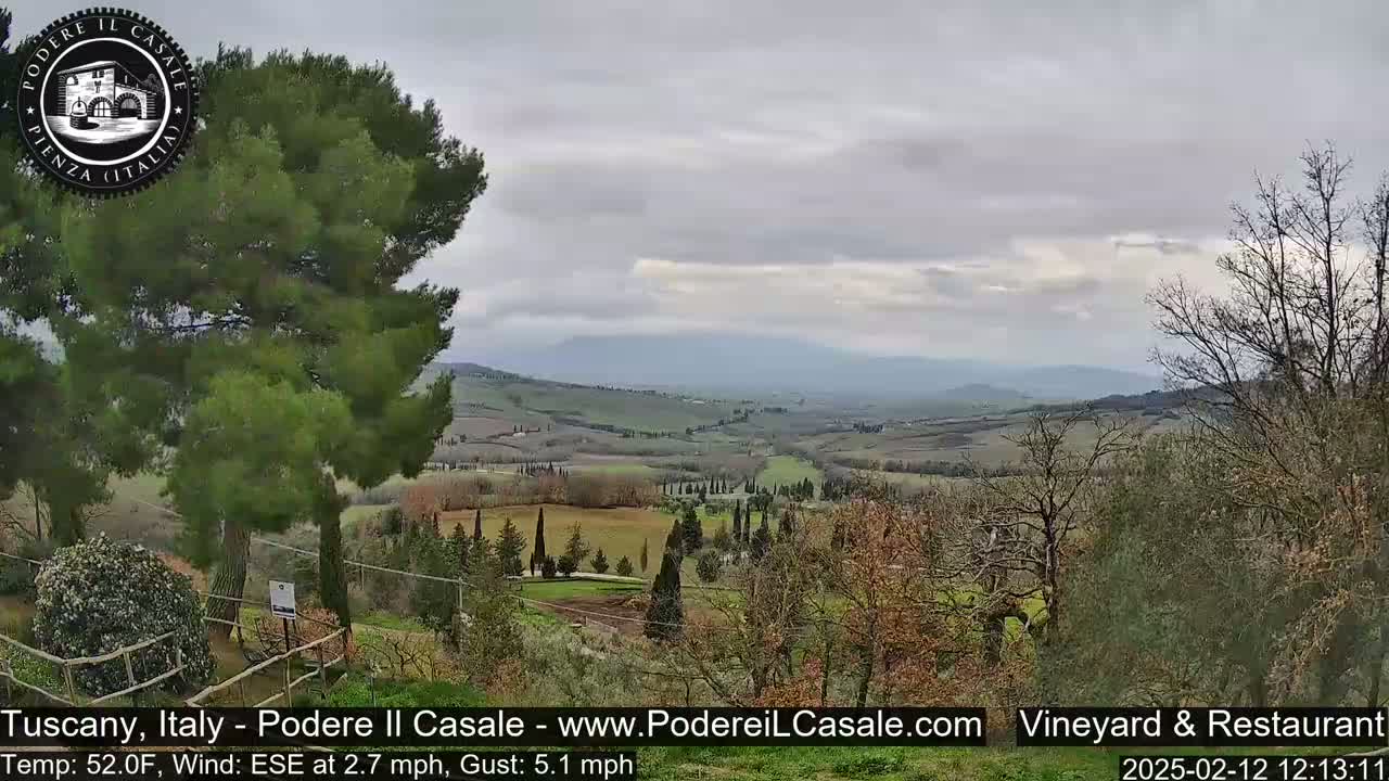 A view of rolling hills and farmland under a cloudy sky.